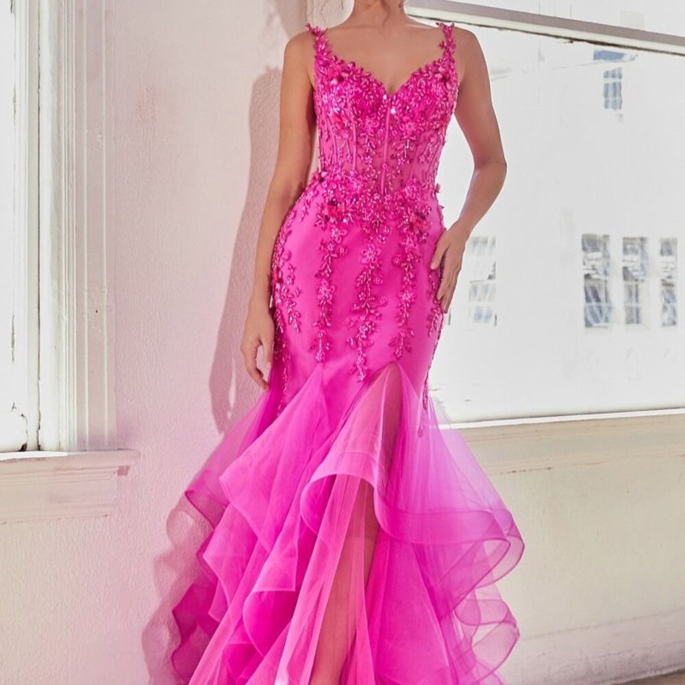 Elegant Hot Pink Embellished Mermaid Evening Dress